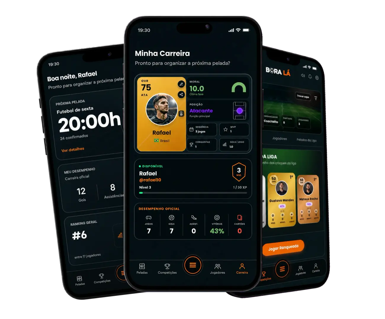 Telas de partidas, ligas e carreira do Bora Lá em três celulares